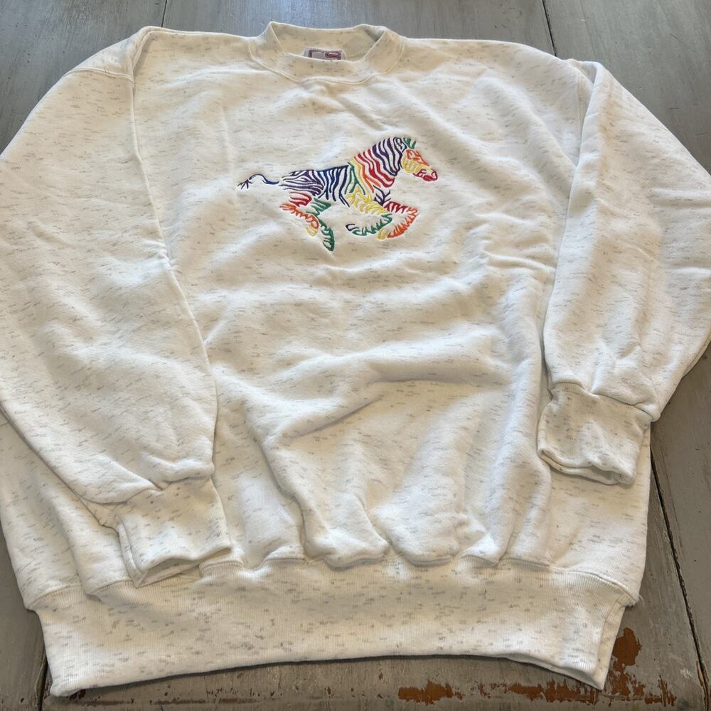 Vtg Crable Sportswear Embroidered Rainbow Zebra White Gray Sweatshirt Sz XL